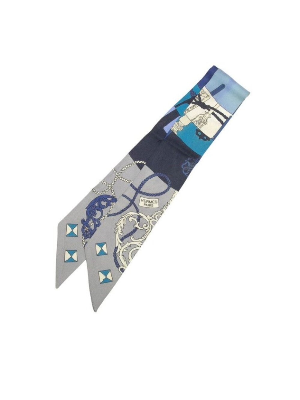 Hermes Twilly Spiral to the Key Tours de Cles Scarf Blue Silk